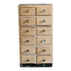Vintage antique workshop cabinet with 12 drawers in raw wood.