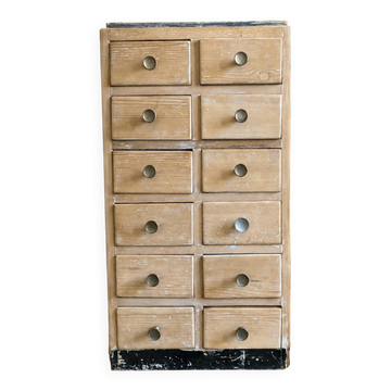 Meuble de métier atelier à 12 tiroirs en bois brut vintage ancien