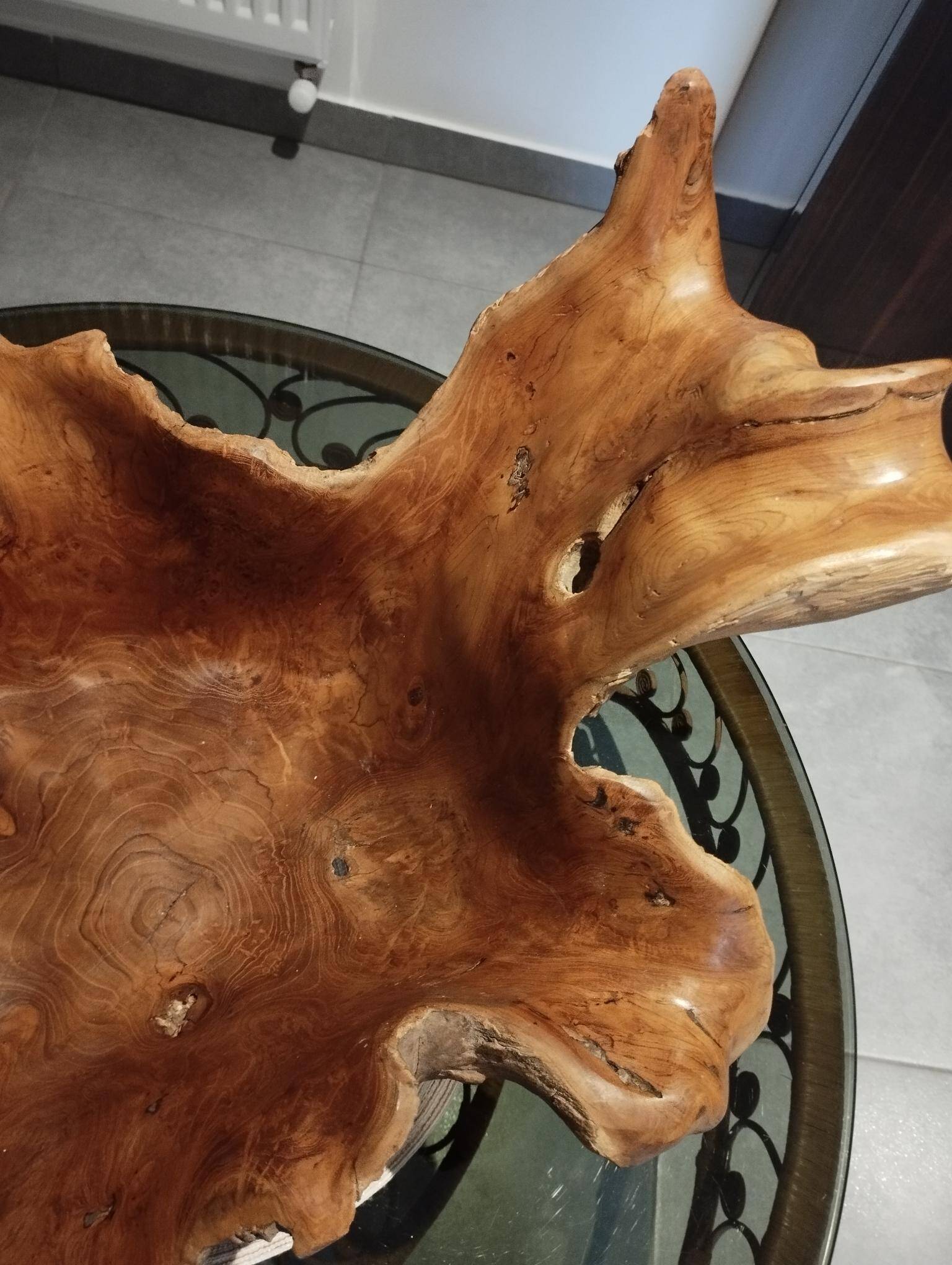 Sculptural wooden centrepiece, organic bowl, brutalist.