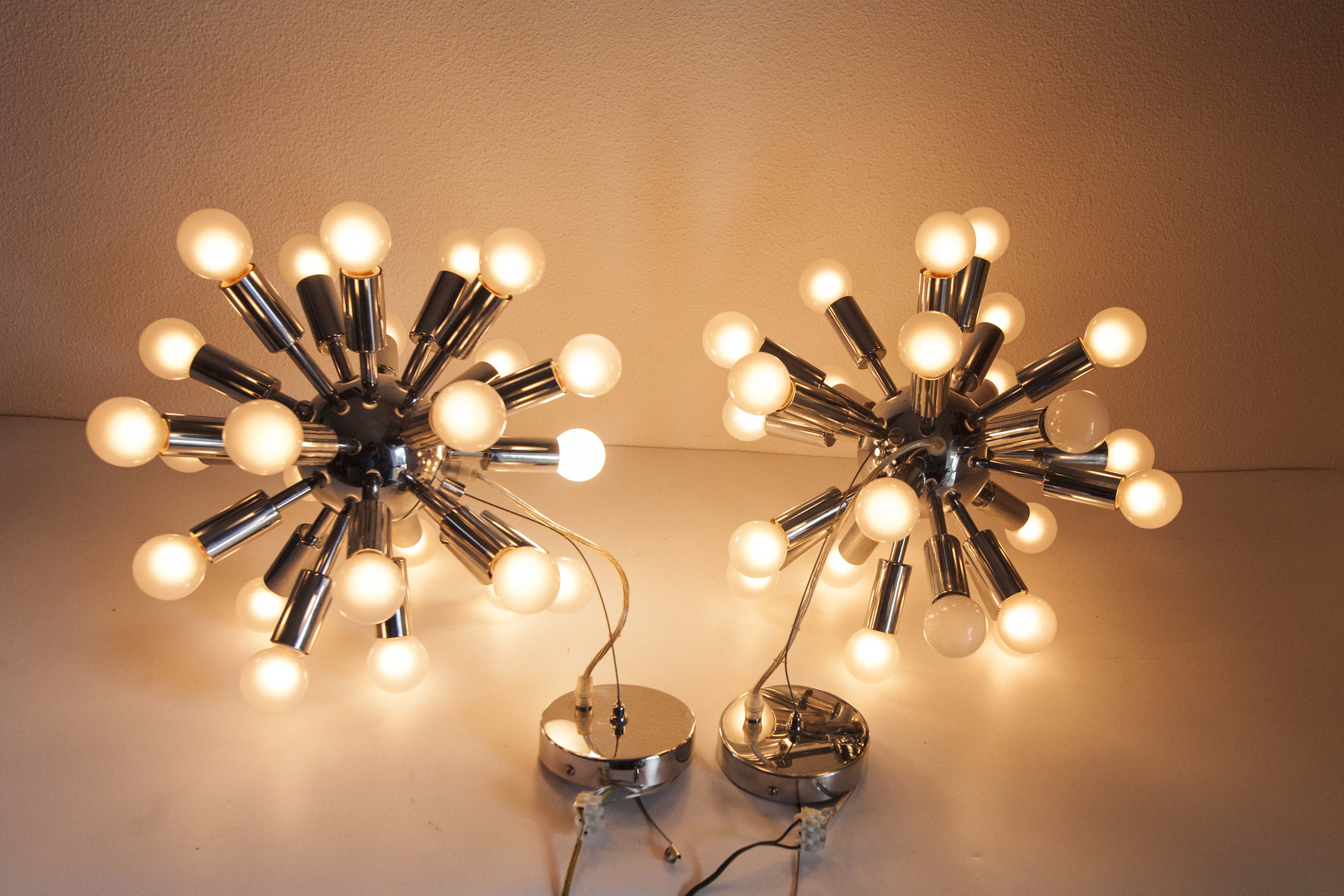 Pair of vintage chrome Sputnik chandeliers