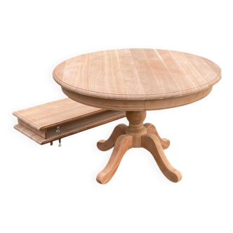 Renovated round extendable dining table with a solid wood central leg, 113-205cm.