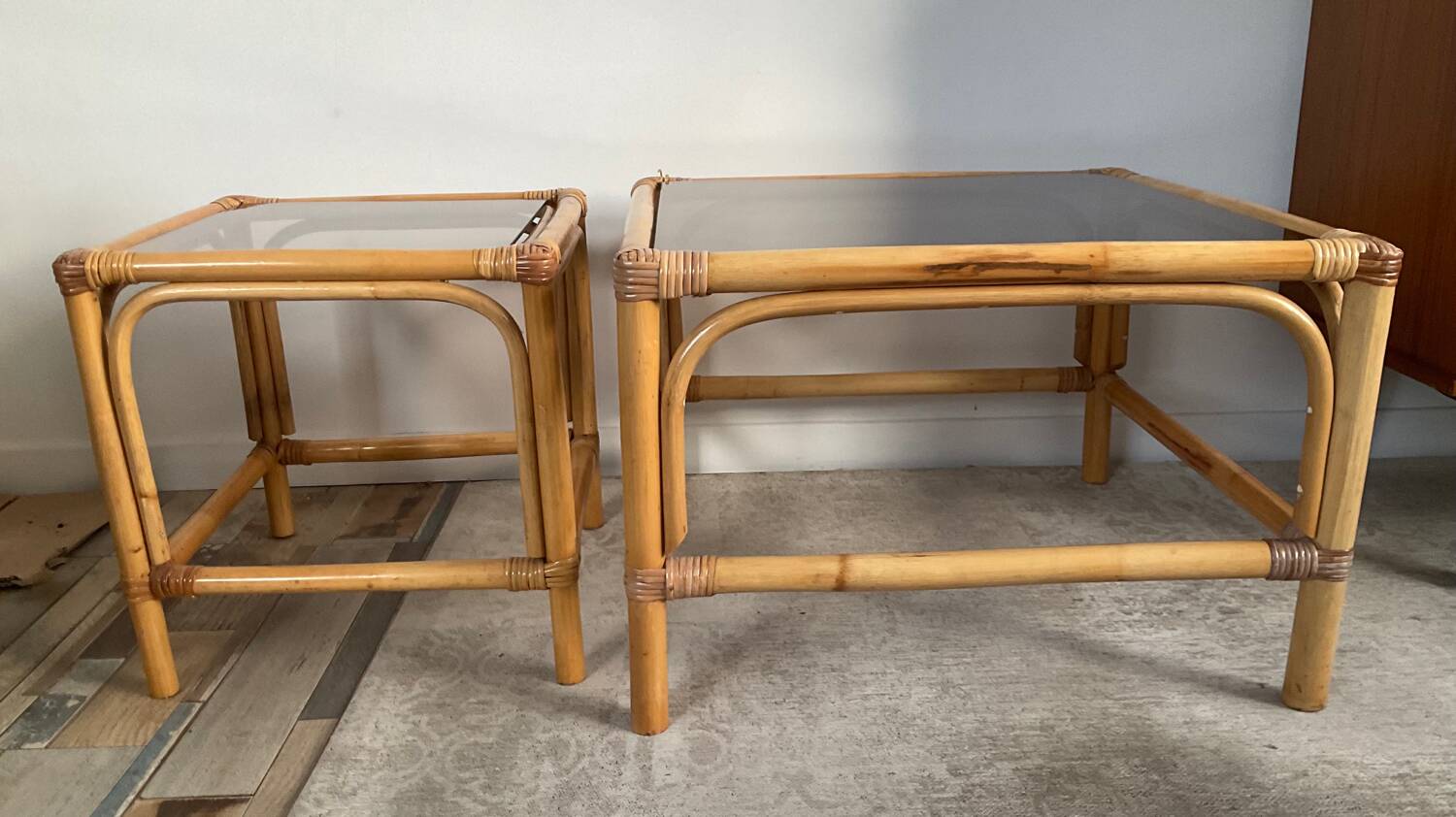 Duo of vintage rattan coffee tables from the 60s-70s