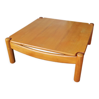 Square coffee table in solid blond wood 80s