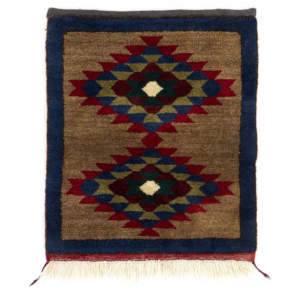 Vintage Hand-Knotted Turkish Tulu Rug with Geometric Medallion Design in Brown, Navy Blue and Red. 100% Wool