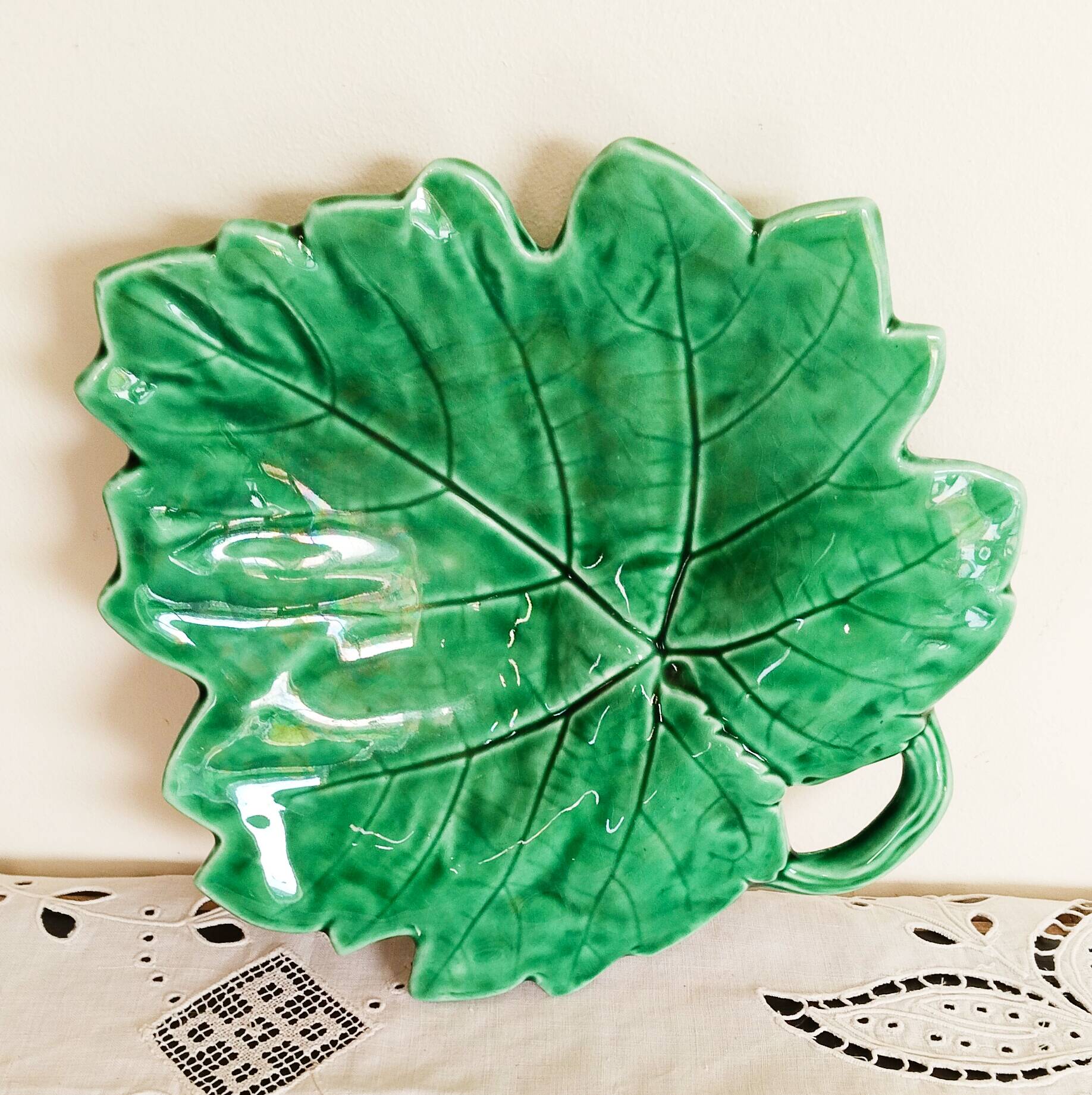 Sarreguemines barbotine, butter dish, pocket emptier, vine leaf