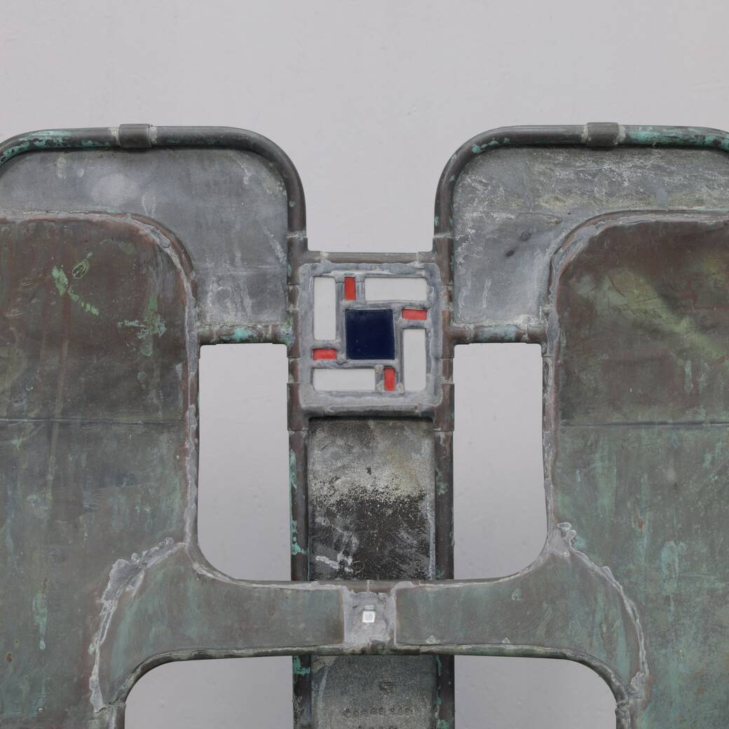 Sculptural bench in copper, zinc and stained glass by Cor de Ree, The Netherlands, 1999