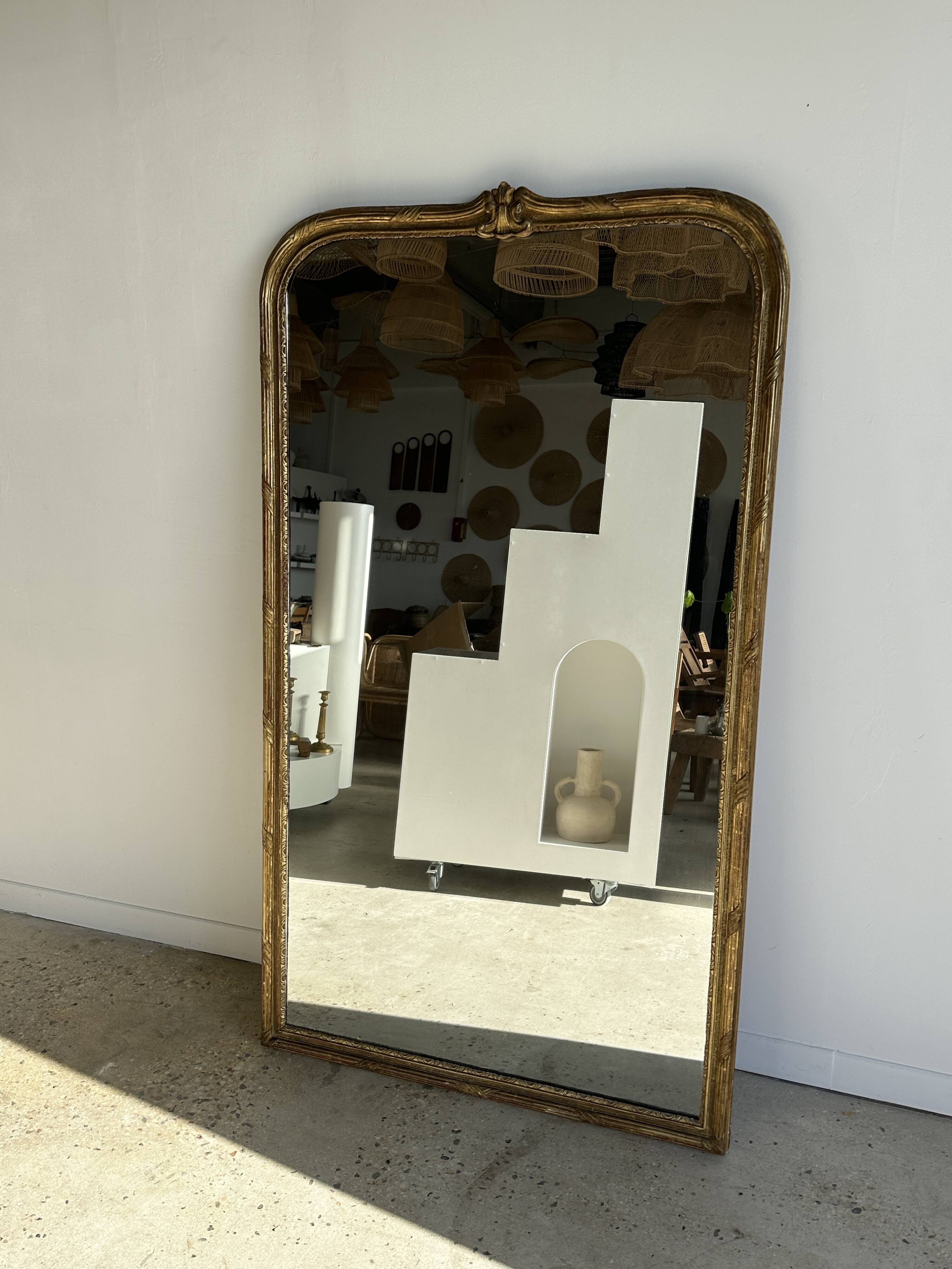 Large gilded mirror 19th century rounded corners mercury glass Louis XVI style