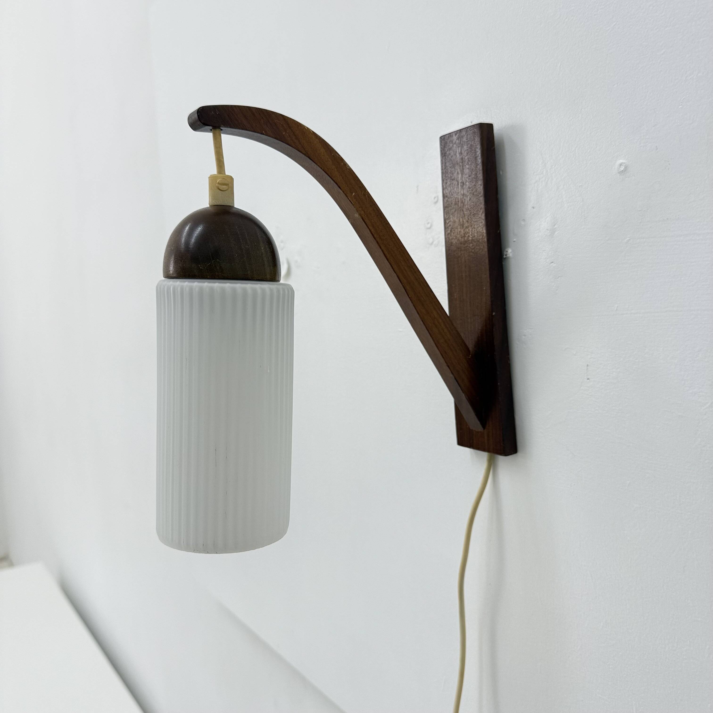 Vintage Scandinavian wall lamp with teak and opaline glass shade , 1960s