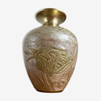 Indian Vase with Raised Motif of Poppy Flowers, Golden Brass and Pink Enamel, Asian Home Decor