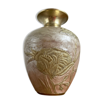 Indian Vase with Raised Motif of Poppy Flowers, Golden Brass and Pink Enamel, Asian Home Decor