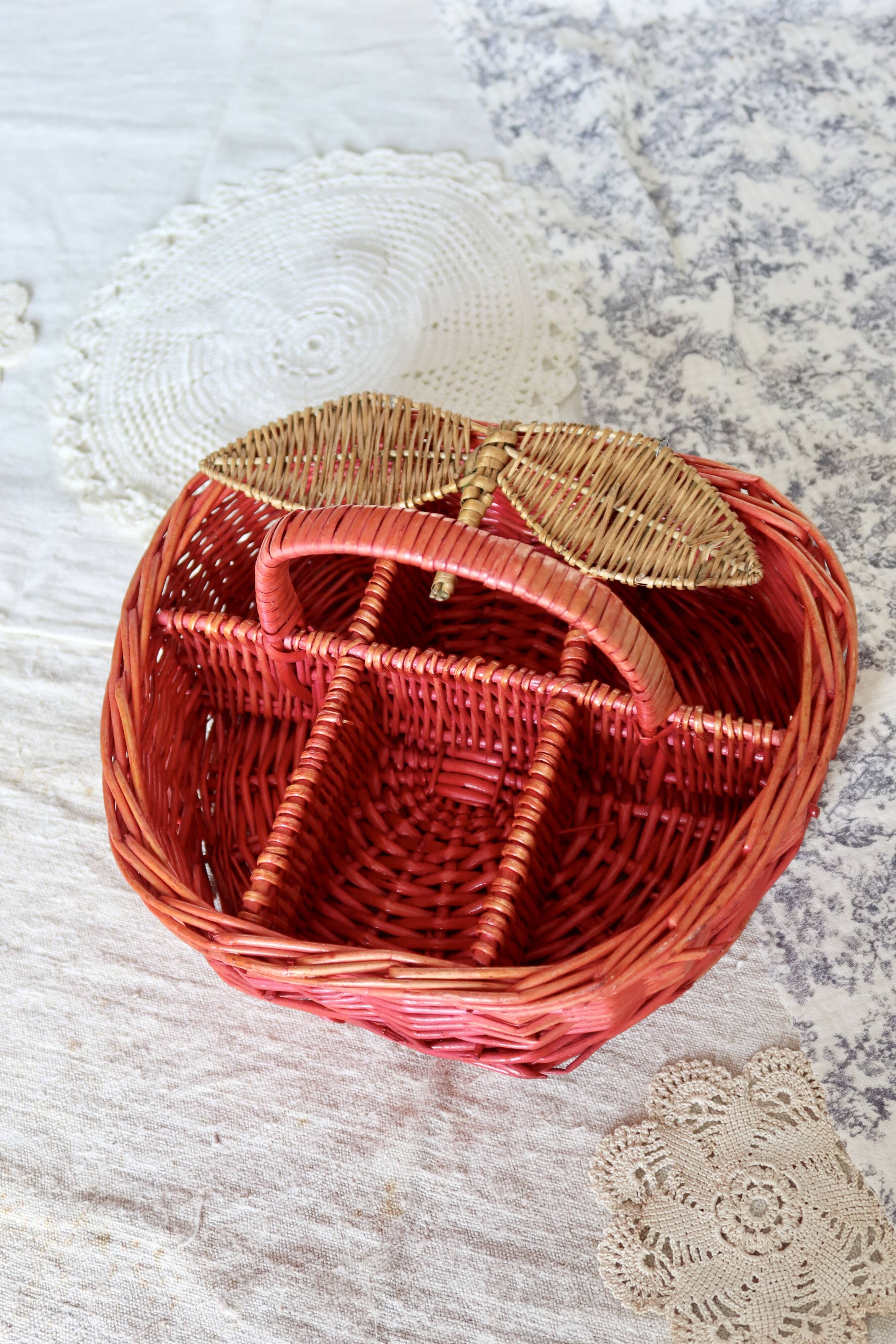 Large Vintage Painted Wicker Basket - Peach Shape