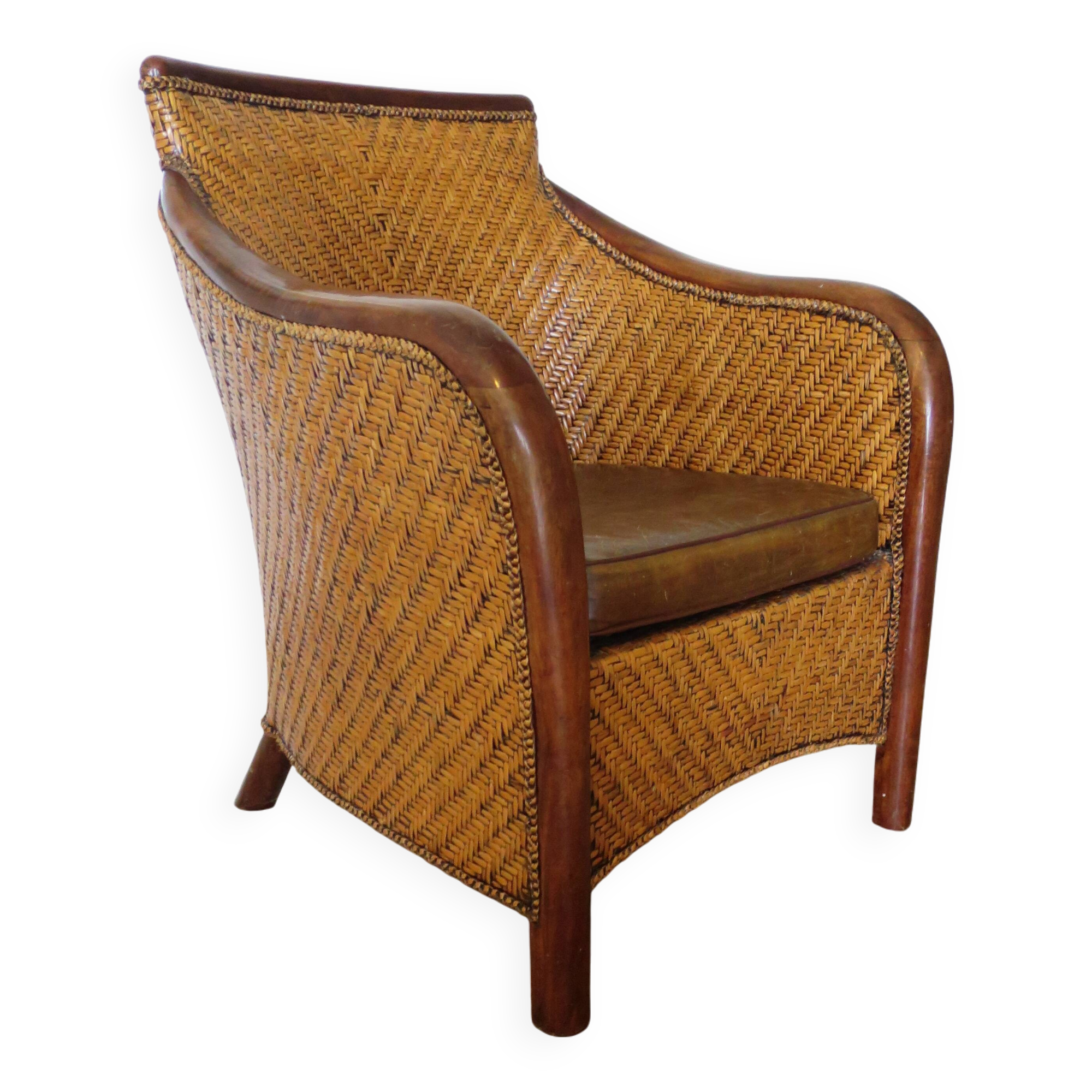 Fauteuil Style Colonial-Rotin tressé-Vintage-coussin simili cuir