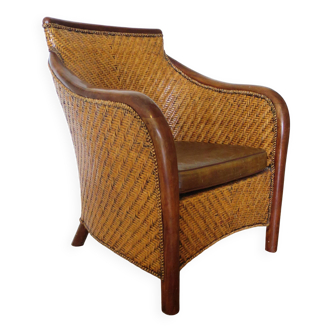 Colonial Style Armchair - Woven Rattan - Vintage - Faux Leather Cushion