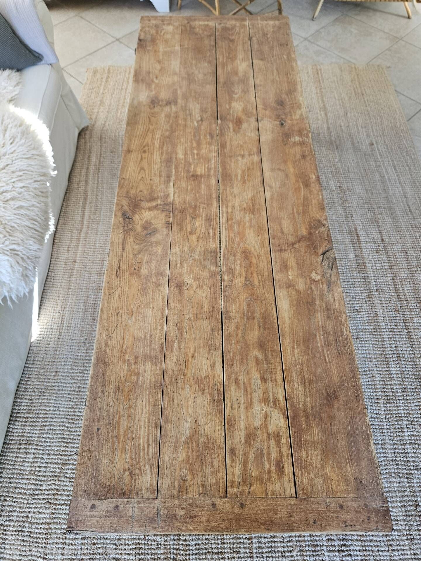 XXL coffee table in solid raw elm wood with 2 drawers, rustic antique.