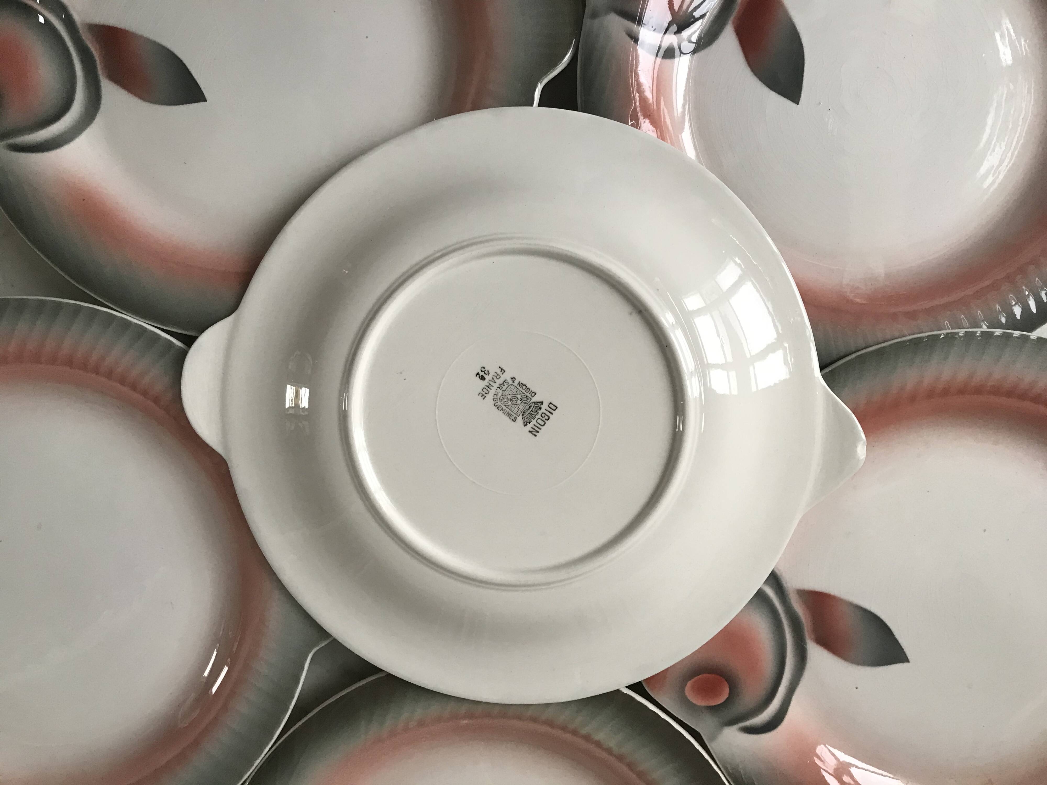 set of 6 fish plates in slip Digoin Sarreguemines 50s