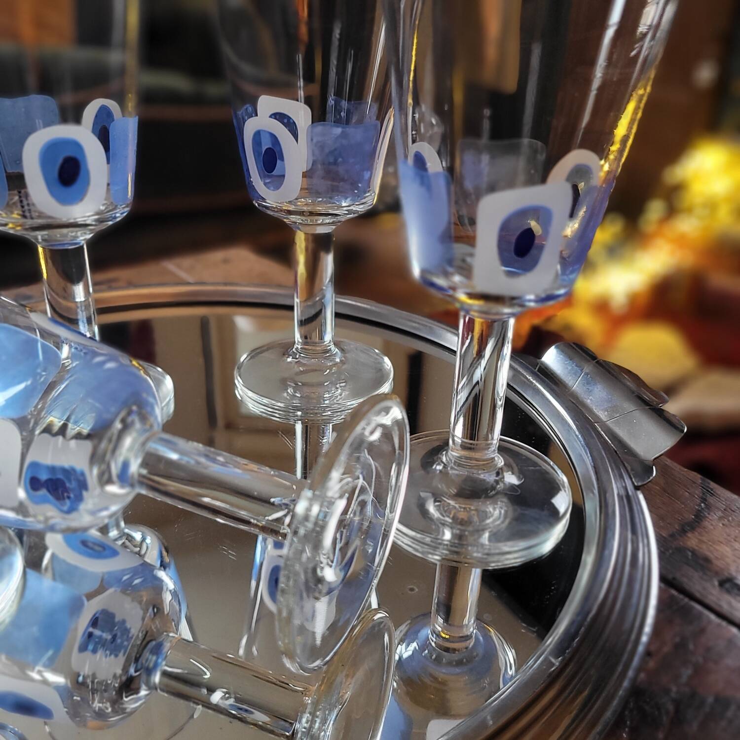 Set of 5 Italian stemmed glasses, Cerve design - lucky eye motif