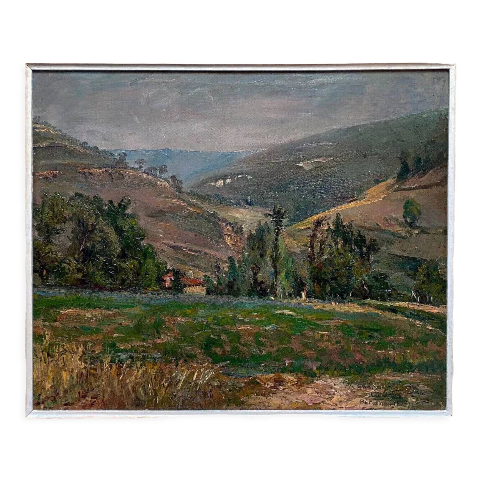 Painting "Hilly landscape" 1961 signed (to decipher) + frame