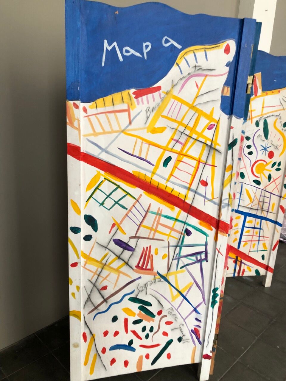 Painted wooden screen with the map of Barcelona 210 W x 170 H