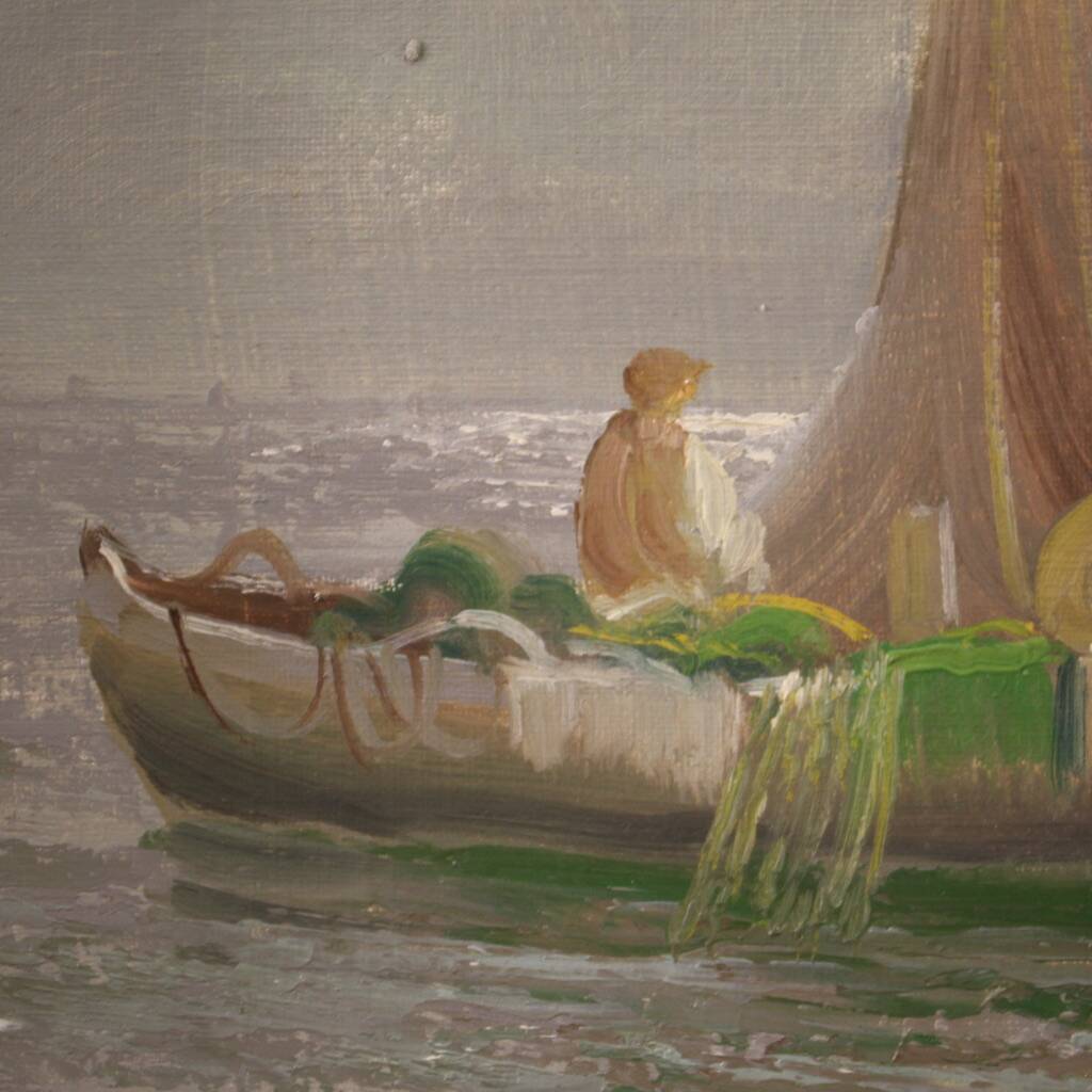 Seascape painting signed Remo Testa, fishermen at dawn