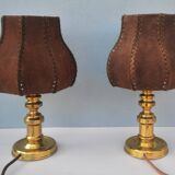 Lot of two retro-modernist lamps with natural leather lampshade