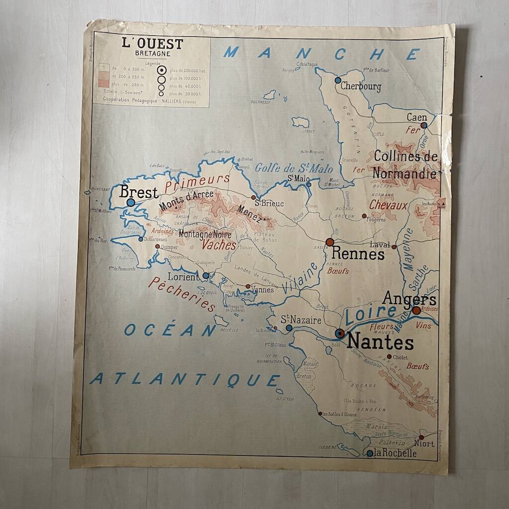 Vintage school map 1950 double-sided "Brittany and Normandy"