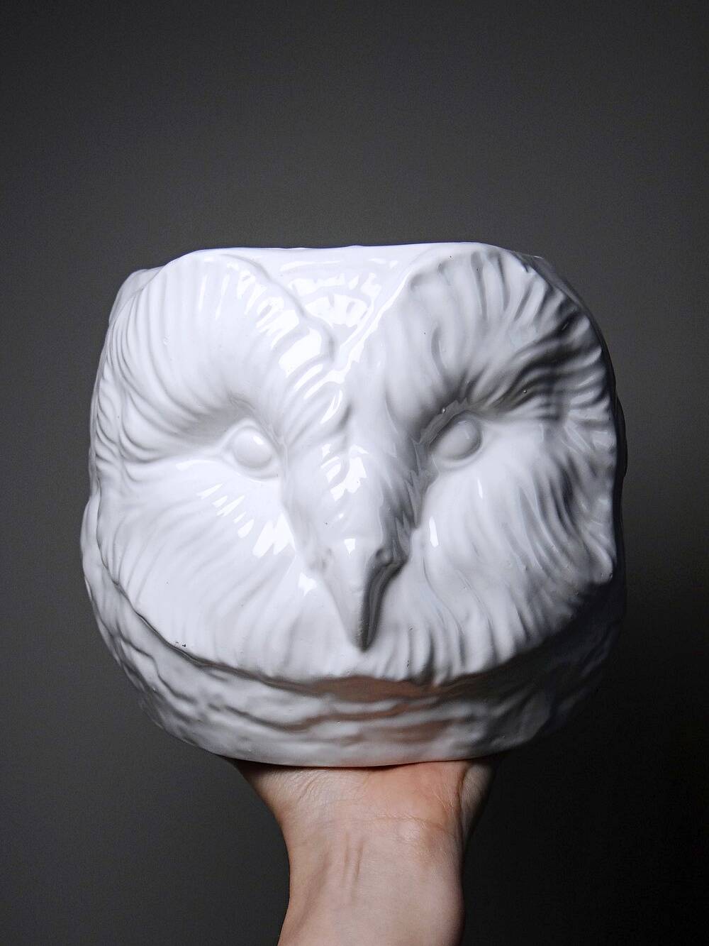 Large cache pot owl head vintage Italian white earthenware