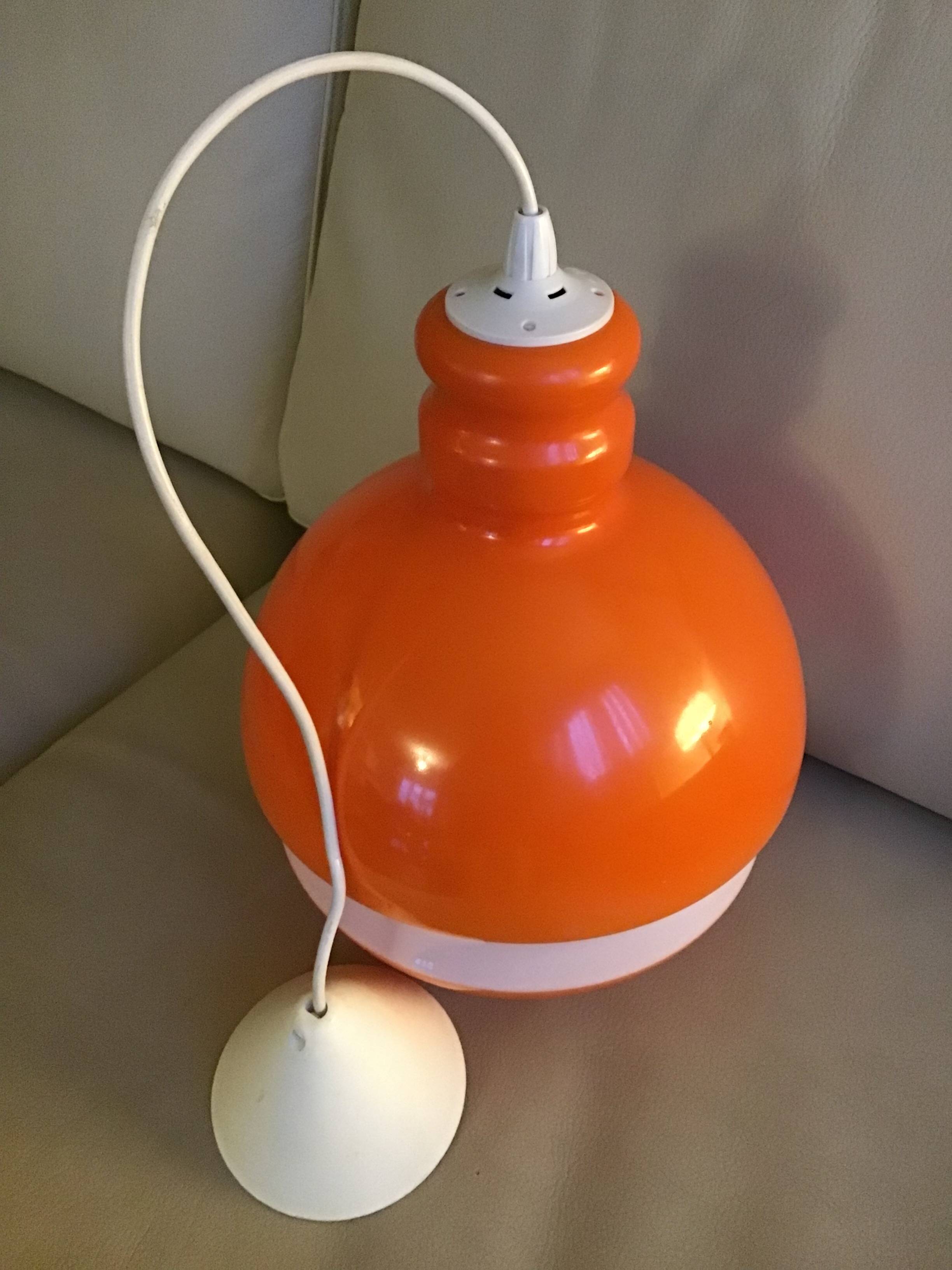 Globe pendant light in orange and white opaline glass, wiring in working order