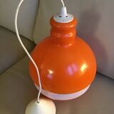 Globe pendant light in orange and white opaline glass, wiring in working order