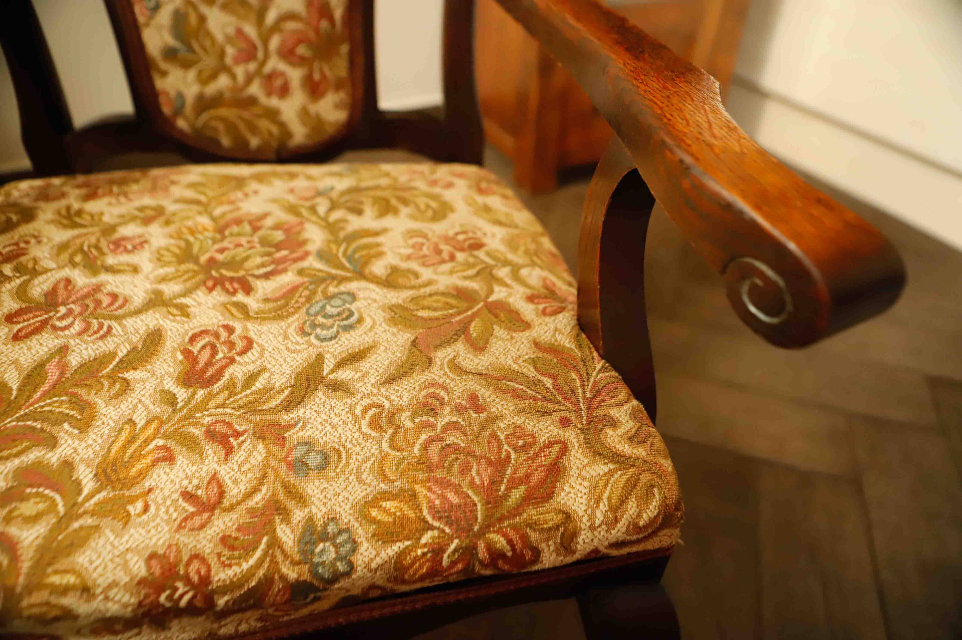 Antique Queen Anne Revival Carver Armchair with Floral Tapestry Upholstery