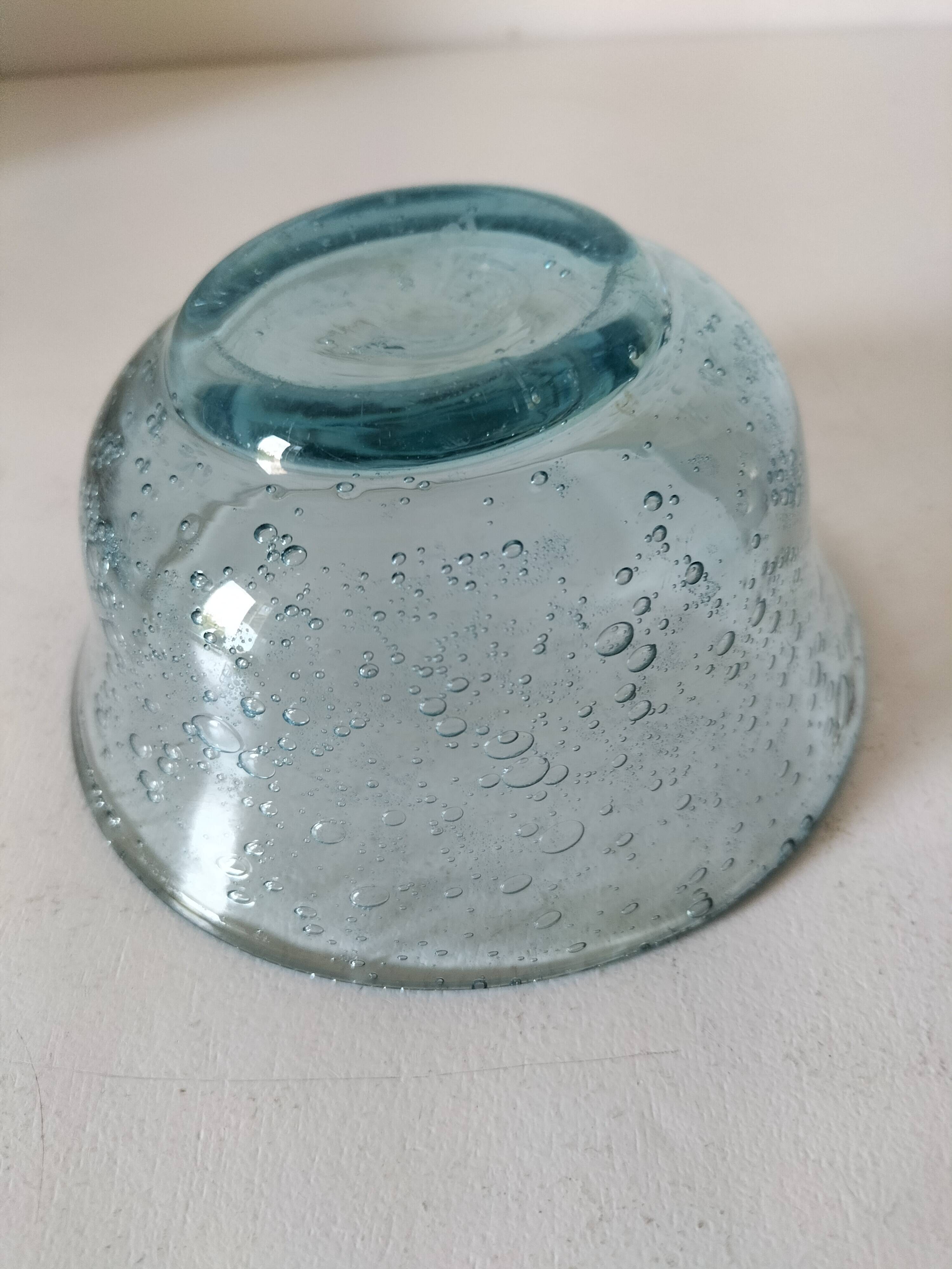 Bubble glass bowl signed Verrerie de Biot – Light blue