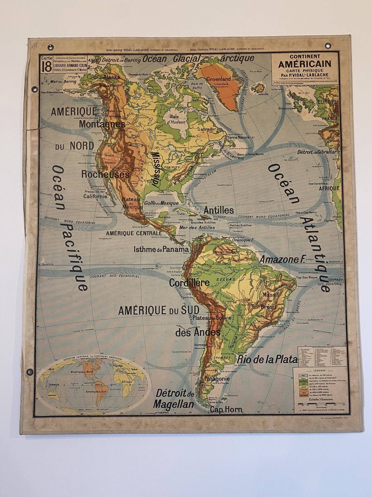 Old school geographical map of the American continent.