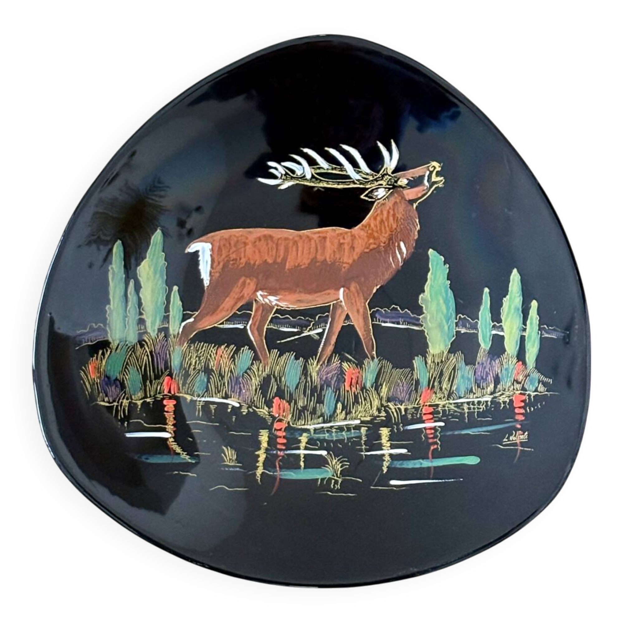 Assiette décorative vintage mid century Longwy Le Cerf