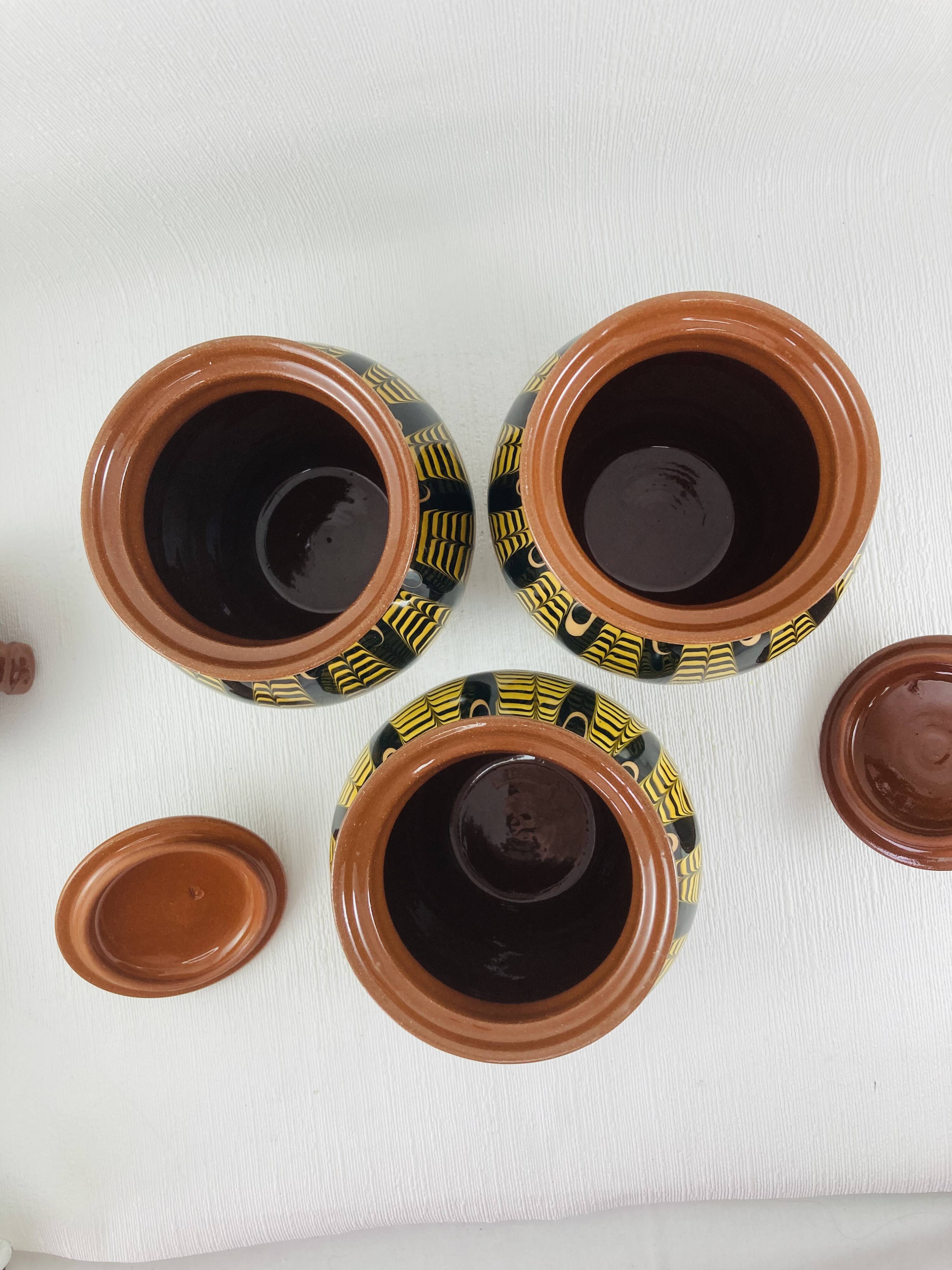 Trio of glazed ceramic pots USSR, peacock feather decoration, 1970
