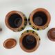 Trio of glazed ceramic pots USSR, peacock feather decoration, 1970