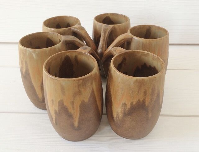 Lot 6 sandstone mugs varnished vintage 50s