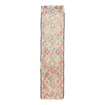 3x12 Pink & Beige Geometric Kilim Runner Rug, 94x378Cm