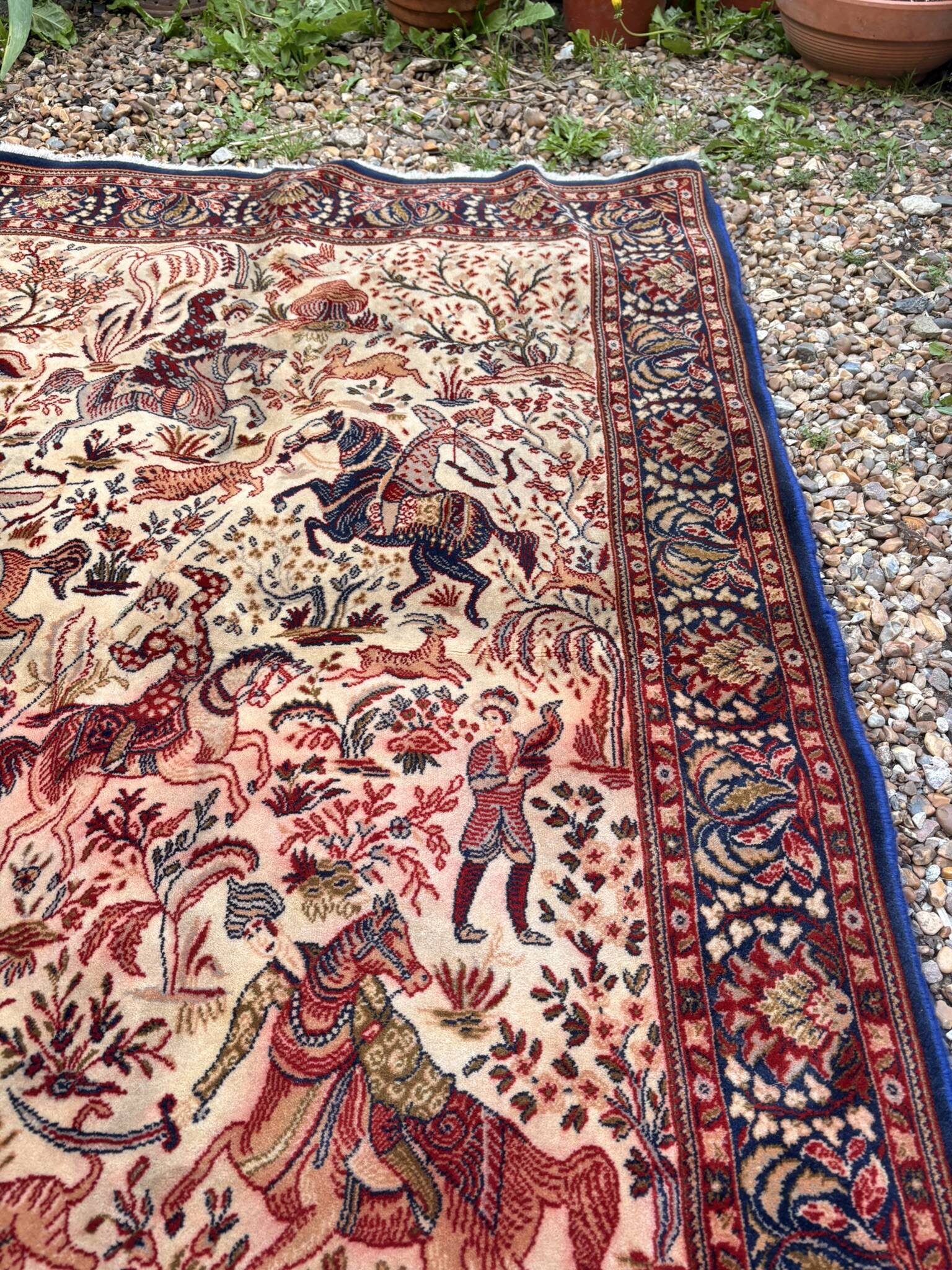 Tapis persan ispahan fait main scène chasse royale laine coton 160x110cm