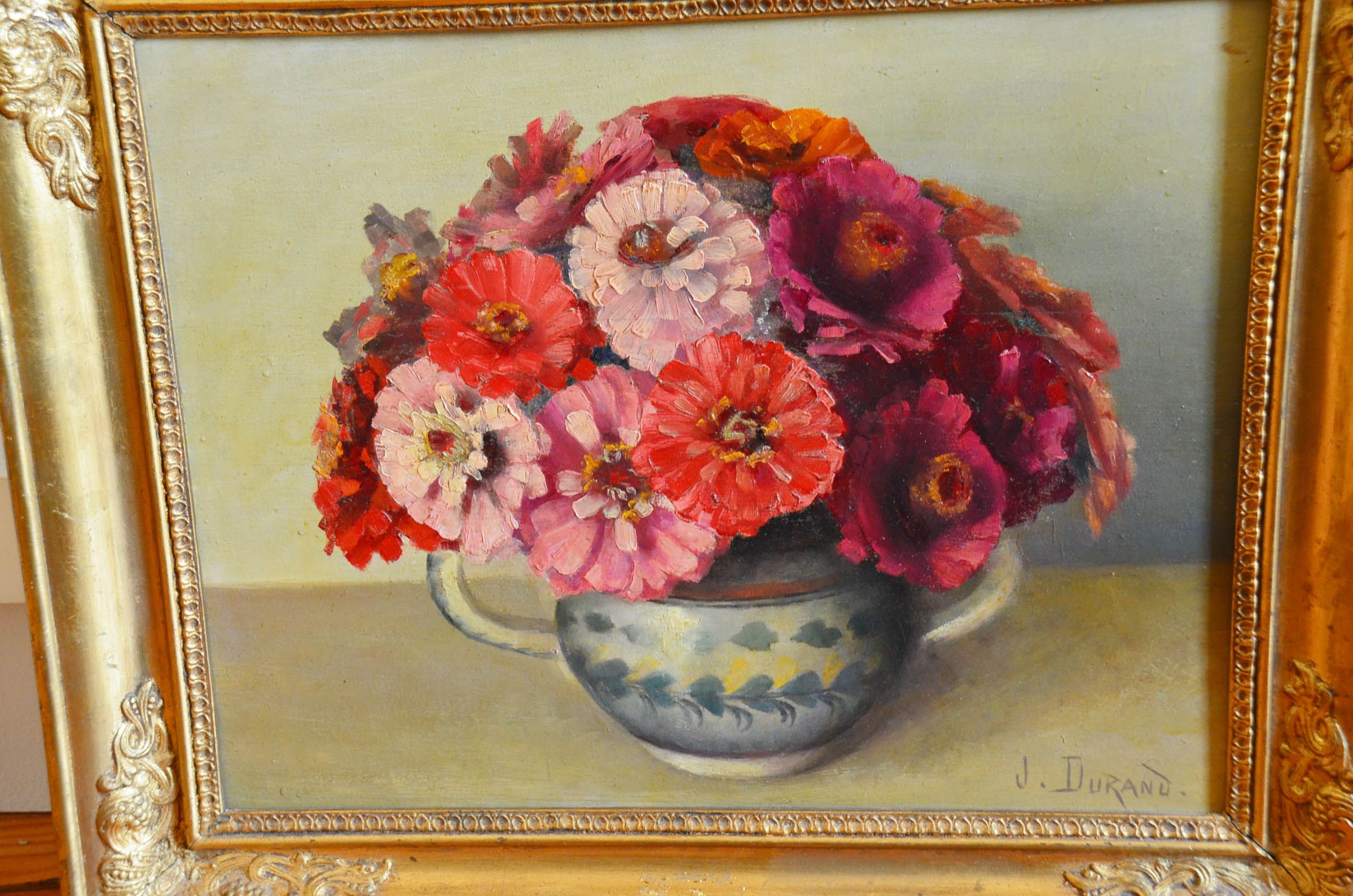 Oil on panel painting still life bouquet of flowers signed Durand