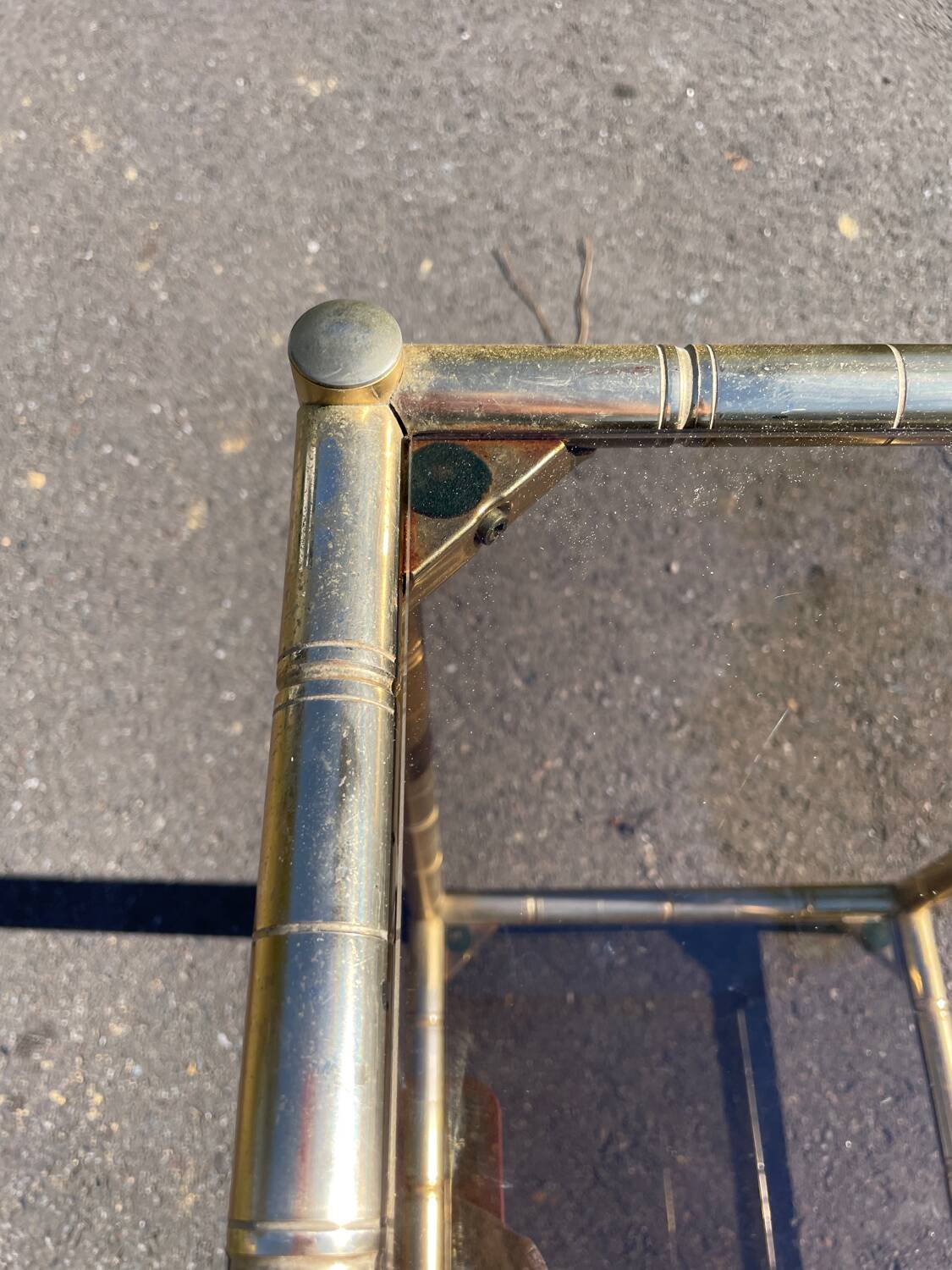 Square faux bamboo pedestal table in gold-plated brass and glass