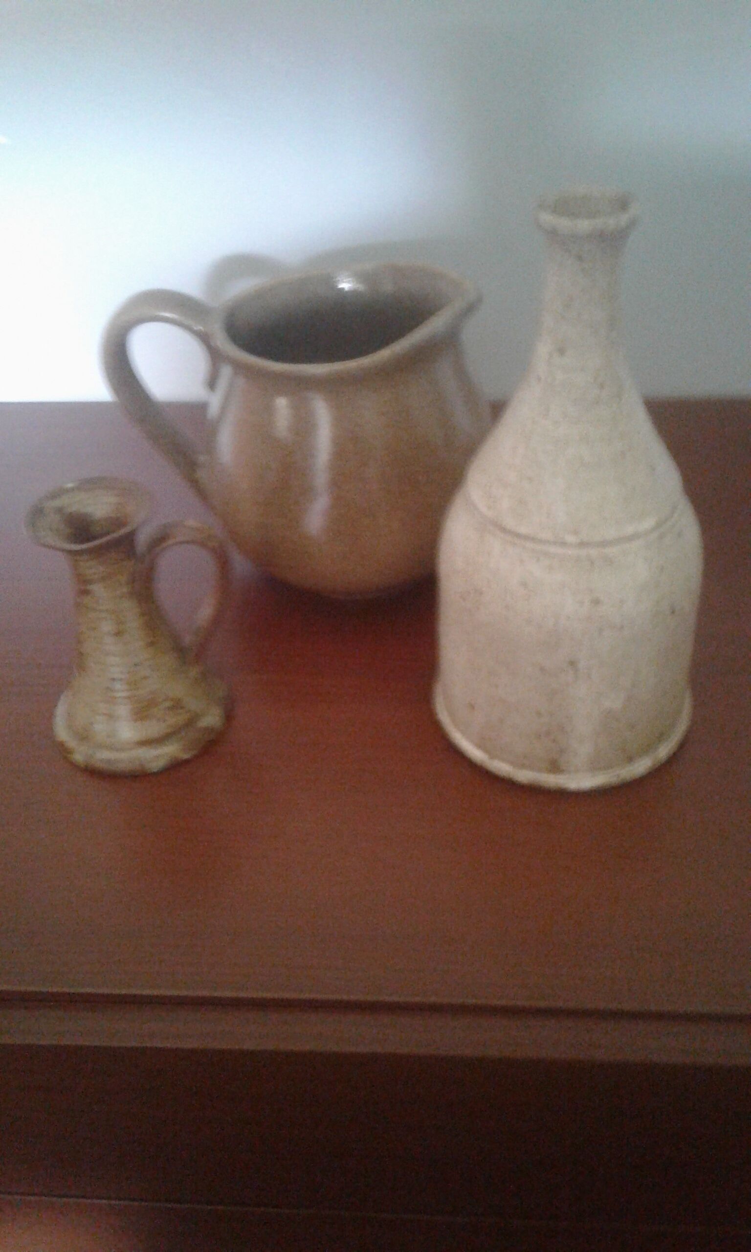 Set of three objects including bottle'milk jar and small stoneware carafon