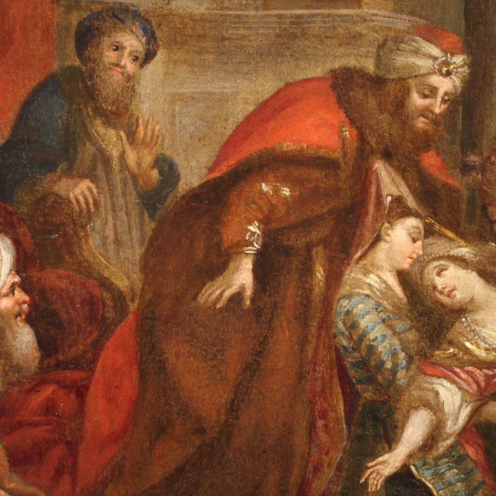Antique painting from the 18th century, Esther fainting before Ahasuerus