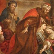 Antique painting from the 18th century, Esther fainting before Ahasuerus