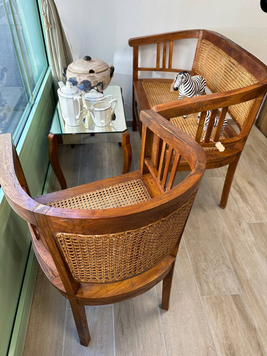 Art Deco wooden and cane bench