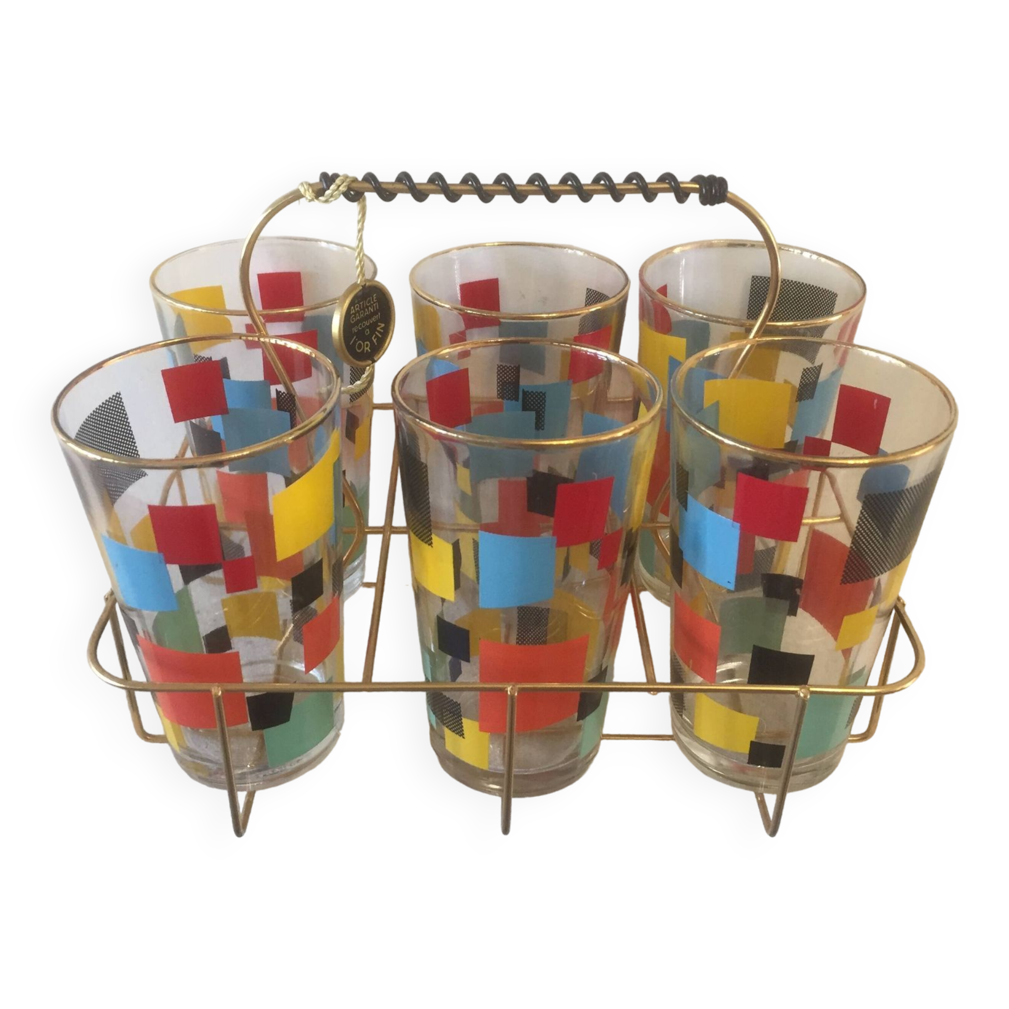6 orangeade water aperitif glasses + metal support covered with fine gold - vintage