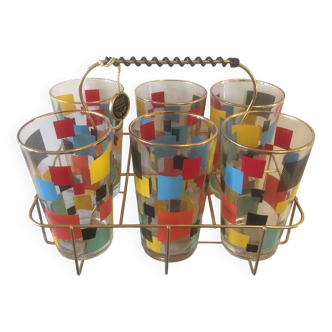 6 orangeade water aperitif glasses + metal support covered with fine gold - vintage