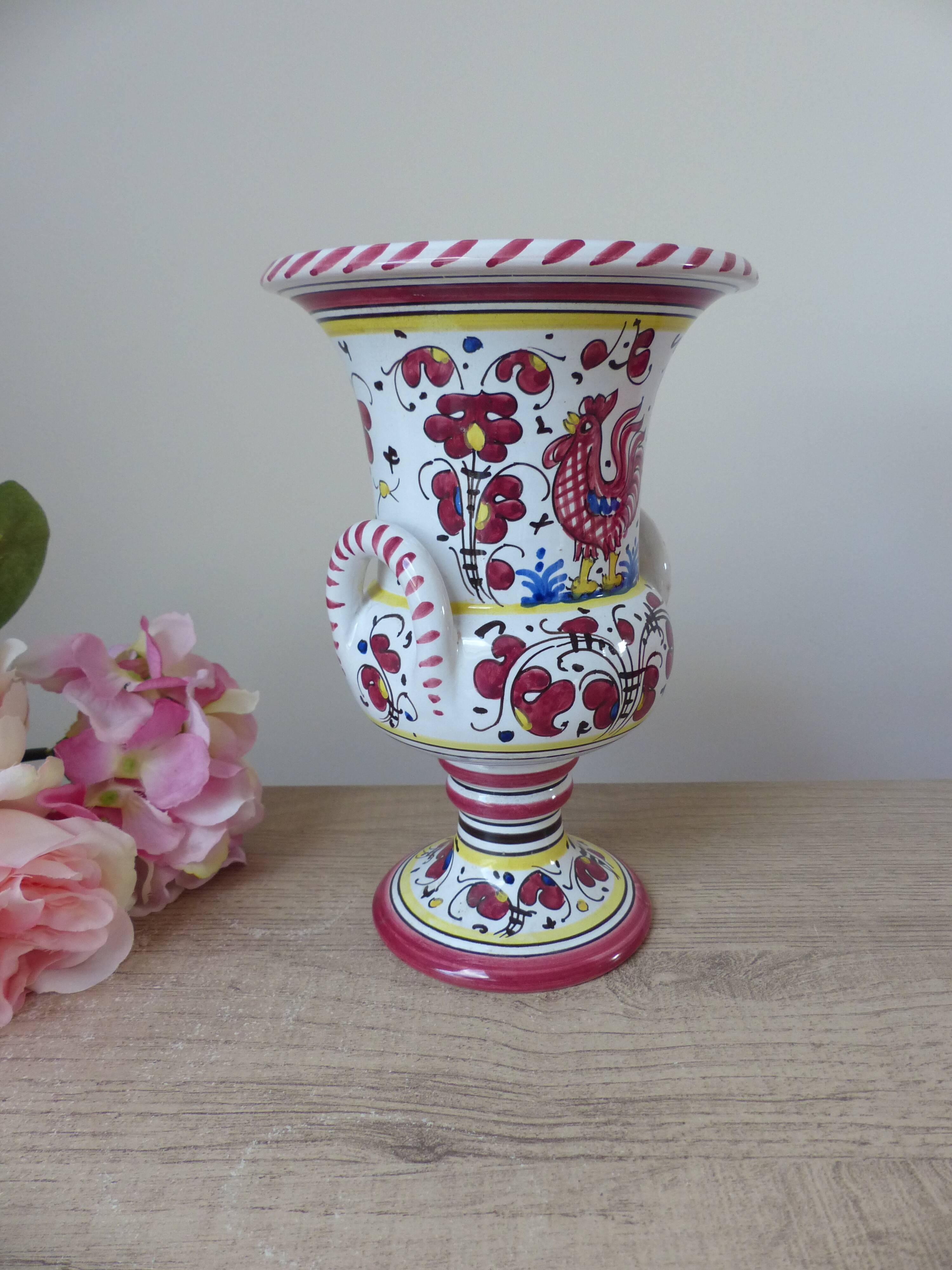 Colorful Ceramic Vase from Italy Deruta l'Antica: Amphora Flowers and Rooster