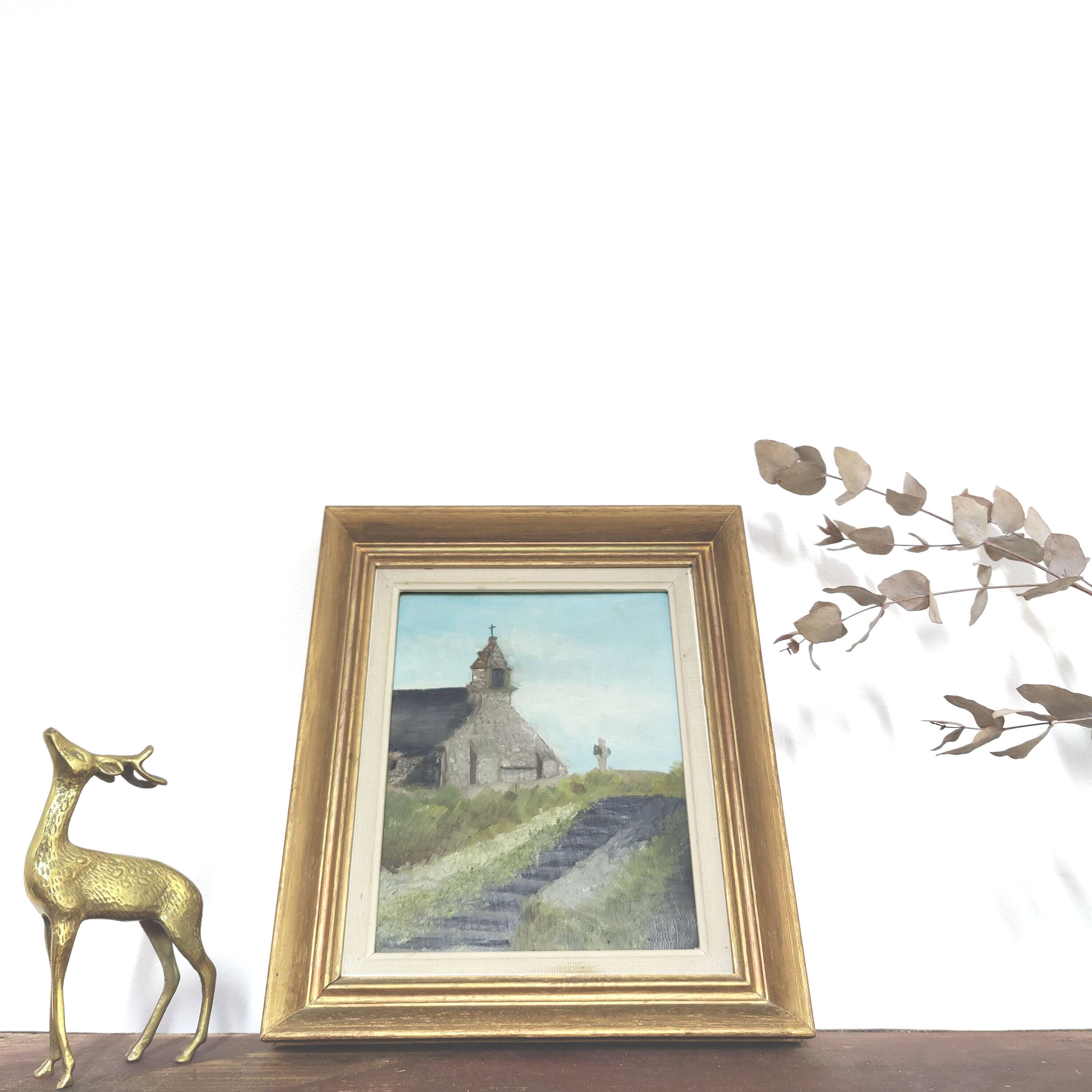 Breton church painting painting, golden wood frame