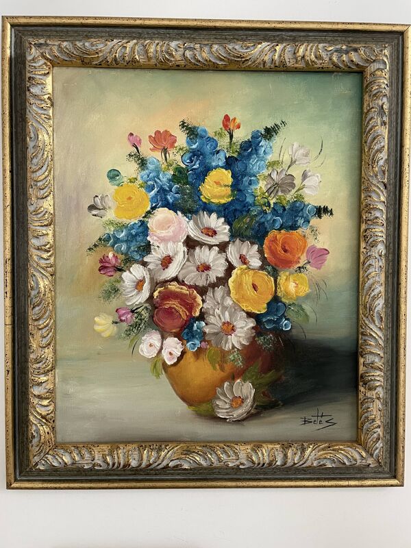 Peinture à l'huile, nature morte au bouquet, fleurs, signé betez, décor floral, cadre bois, art