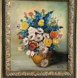 Oil painting, still life with bouquet, flowers, signed betez, floral decor, wooden frame, art