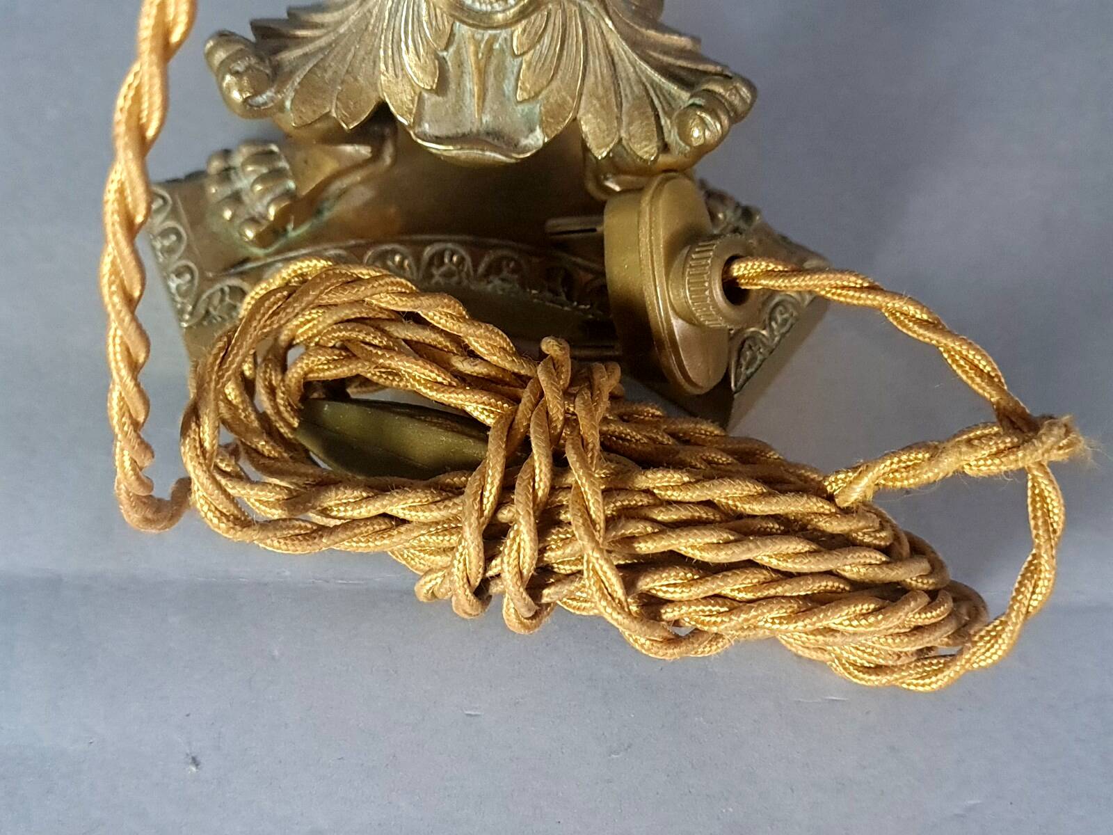 Antique bronze brass torch mounted as a lamp with shade, 44 cm C676